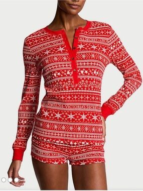 Victorias Secret Lipstick Fair Isle Red Thermal Short Pajama Set